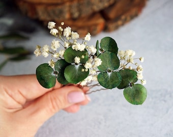 Tocado de novia de eucalipto, horquillas para el pelo de boda, horquillas para el pelo de novia, tocado de flores preservadas, tocado de novia, pieza de vegetación de aliento de bebé