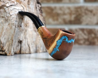 Handmade Pear Wood Tobacco Pipe with Turquoise Inlay