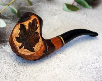 Handmade Pear Wood Tobacco Pipe, Maple Leaf Carving, 9mm Filter