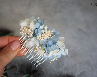 Wedding floral hair comb, hydrangea hair accessory, dried flower hair piece, bridal headpiece, something blue for bride, bridal hair vine