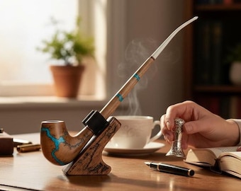 Handmade Pear Wood Tobacco Pipe: Turquoise Gemstone Inlay, Long Stem