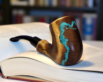 Handmade Pear Wood Tobacco Pipe with Turquoise Inlay
