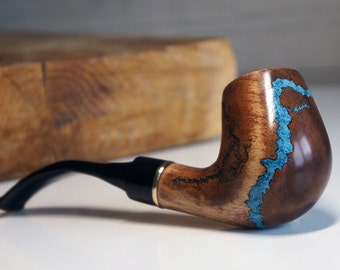 Handcrafted Pear Wood Tobacco Pipe, Turquoise Inlay, 9mm Filter