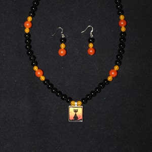 Halloween Necklace With Black Cat With Matching Earrings