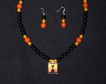 Halloween Necklace With Black Cat With Matching Earrings