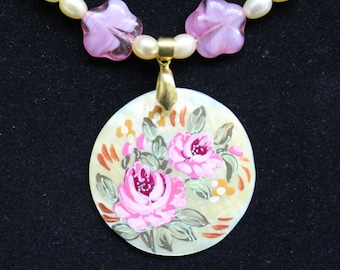 Ivory Pearl and Pink Flower Necklace with Matching Earrings
