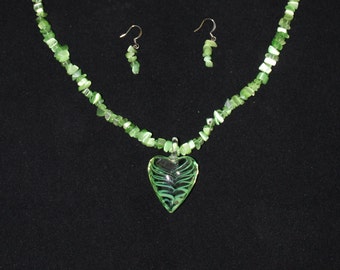 Green Heart Necklace with Matching Earrings