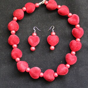 Necklace with Red Fuzzy Hearts and Matching Earrings