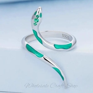 Snake Ring, Adjustable 925 Sterling Silver Ring, Silver Green Snake Ring, Handcrafted Jewelry, Snake Gift For Her, Snake Lover Gift