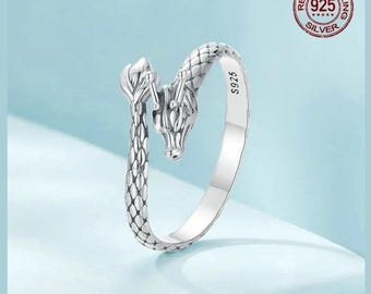 Bague ajustable dragon, bague dragon rétro en argent sterling 925, bague minimaliste bague motard bague de fiançailles, bijoux artisanaux, amoureux des dragons