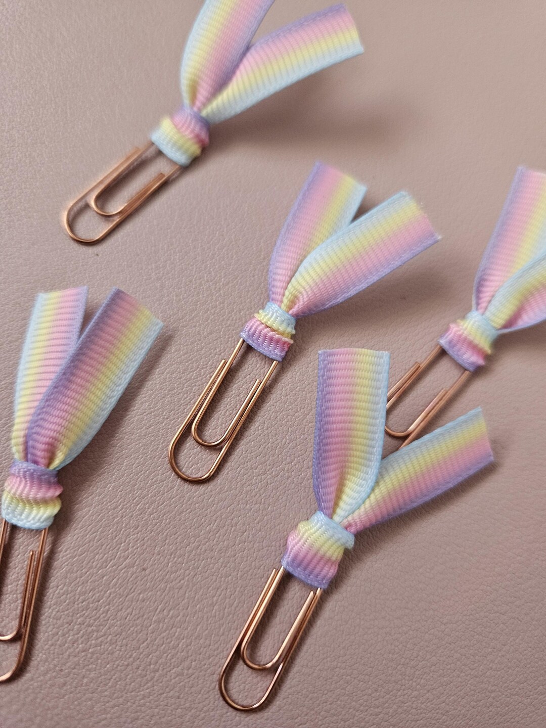 Handmade Pastel Rainbow Ribbon Page Markers With Rose Gold Clip, Set of ...
