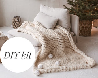 Chunky knit blanket kit, chunky knit blanket wool, DIY chunky knit blanket, VIDEO tutorial included