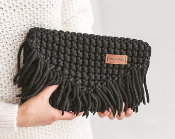 Black clutch purse, black clutch bag, bag with tassles, black small bag, black crochet clutch