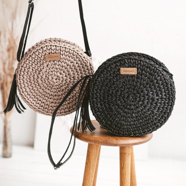 Modèle de sac rond au crochet + VIDÉO, modèles de sac à bandoulière au crochet, modèle de sac rond, modèle de sac au crochet, modèle de sac à bandoulière au crochet