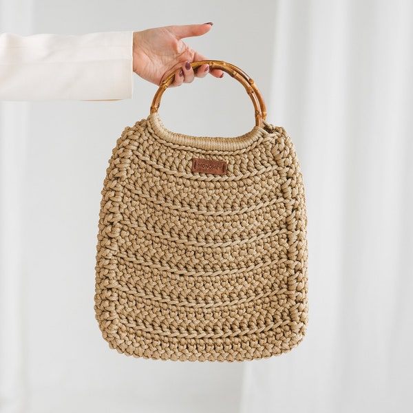 Bag with bamboo handle crochet pattern, crochet bag pattern boho