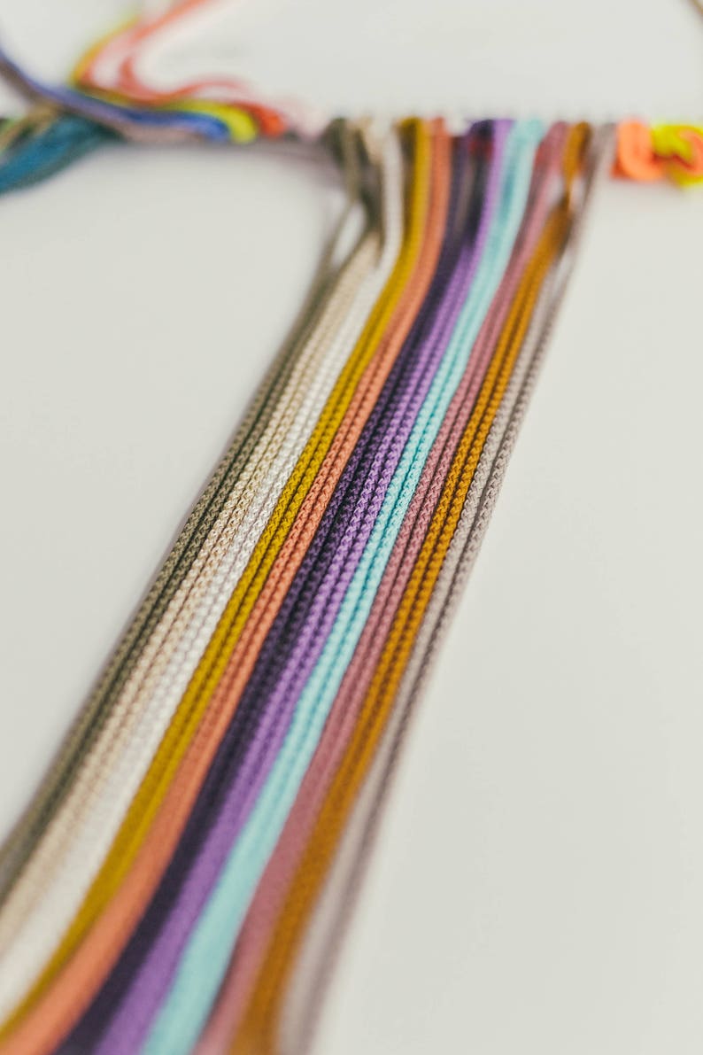 May include: Close-up of a collection of colorful cords in various shades, including beige, yellow, purple, and blue. The cords are tightly woven and arranged in parallel lines, creating a textured pattern. The cords are likely used for crafting or jewelry making.