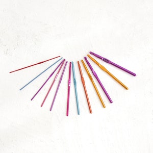 Pu&ograve; includere: Un set di 12 uncinetti colorati disposti a semicerchio su uno sfondo bianco. Gli uncinetti sono in metallo e hanno dimensioni diverse.