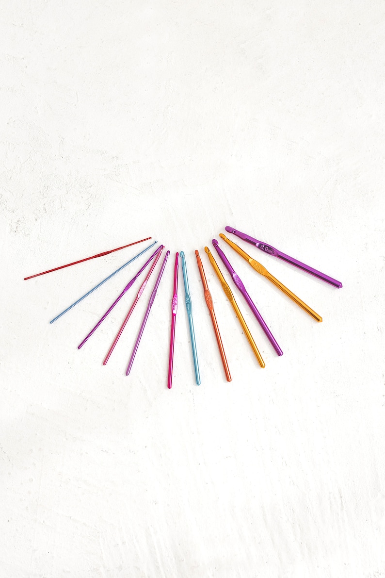 Pu&ograve; includere: Un set di 12 uncinetti colorati disposti a semicerchio su uno sfondo bianco. Gli uncinetti sono in metallo e hanno dimensioni diverse.