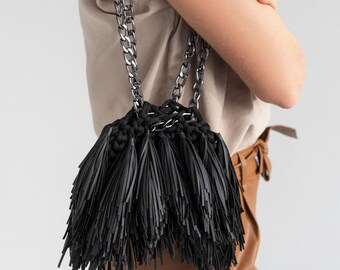Black Boho Bag | Handmade Crochet Purse with Chain Strap