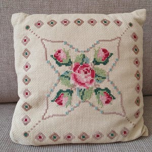 Cross Stitched Pillow, 60s Vintage Handmade Rose Flowers Throw Cushion Pillow, Cotton Wool Decorative Floral Embroidered Scandinavian Design