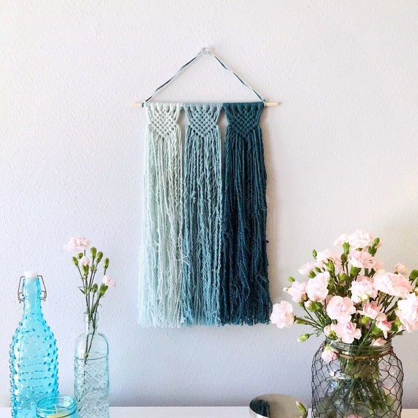 Customizable Macrame Wall Hanging, Teal Blue Ombre Coastal / Beach / Lake House Wall Decor, Boho Macrame Home Decor, Yarn Tapestry Fiber Art