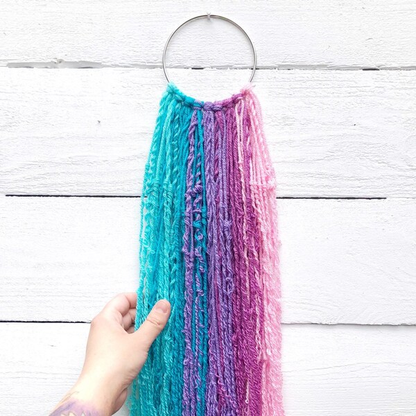 Turquoise, Purple & Pink Macrame Wall Hanging, Girl's Bedroom Wall Decor, Bathroom Hair Bow Holder, Bright Mermaid / Unicorn Theme Nursery