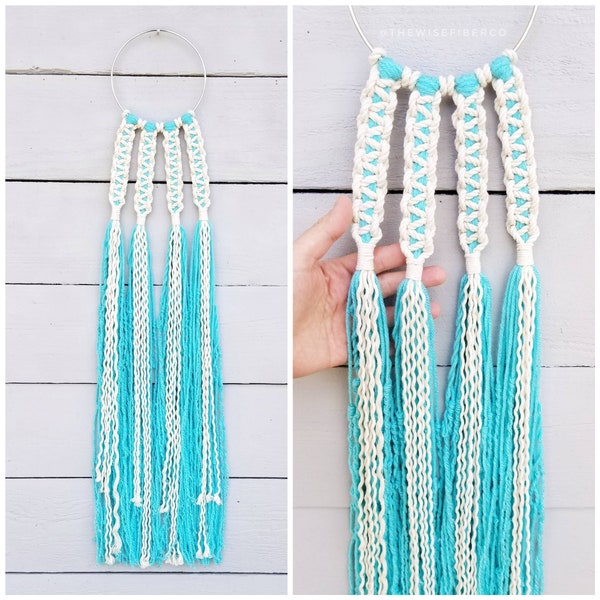 Cotton Macrame with Turquoise Blue Fringe, Hoop Art Wall Hanging, Beach House Decor, Coastal / Lake House Decorations, Nursery Wall Art