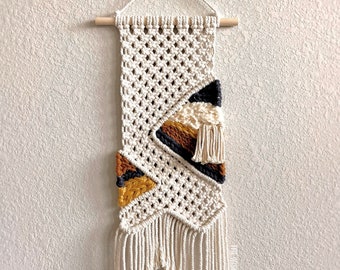 Macrame Woven Wall Hanging, Cotton Macrame Rope with Woven Burnt Orange / Mustard Yellow Yarn, Boho Mini Tapestry, Wall Art / Decor