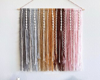 Macrame Wall Hanging, Gray / Brown / Pink Wall Art, 28"W x 26"L  Cotton Macrame & Yarn Wall Tapestry, Boho Nursery / Bedroom / Dorm Decor