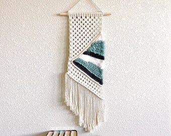 Macrame Woven Wall Hanging, Boho Beach House Cotton Rope Weave, Navy Rope, Sea Blue & White Textured Yarns, Boho Tapestry Wall Art Decor