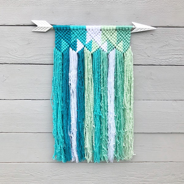 Ombre Turquoise Blue to Ocean Mint Macrame Wall Hanging on White Metal Arrow, Coastal Beach House Decor, Boho Textured Fiber Yarn Tapestry