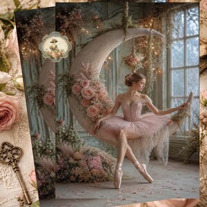 May include: A dancer in a pink lace tutu sits on a large, crescent moon structure adorned with pink roses and greenery. The scene includes a hanging floral ornament, soft lighting, and a vintage-style key in the foreground, creating a dreamlike setting.