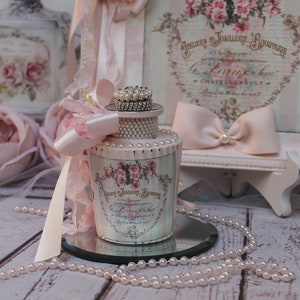 Shabby Chic Vintage Victorian Style French Paris Decorative SMALL Perfume Type Bottle &quot;PARIS ROSES&quot; - Vintage Lace/Pearl Trim Blush Pink