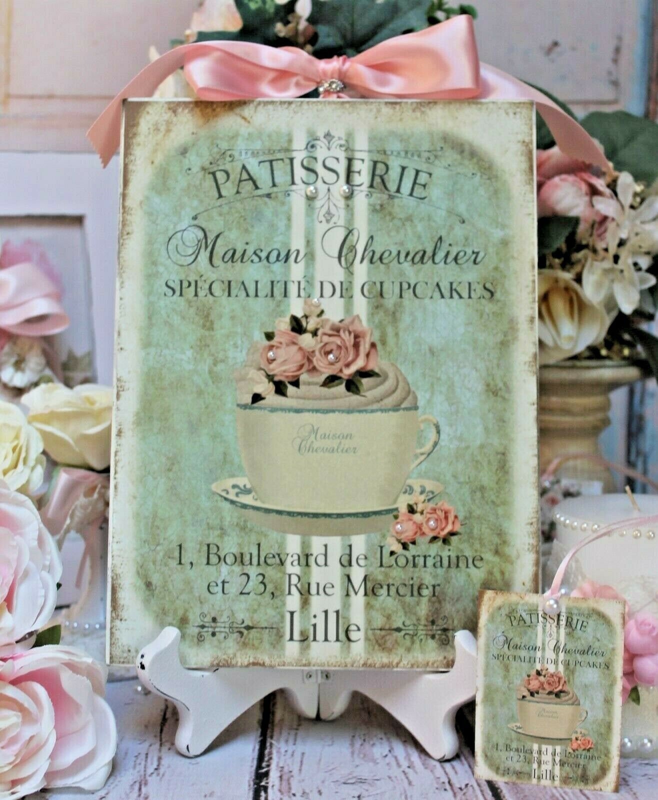 Shabby Chic Vintage French Country Wall/Table Decor. Sign &quot;Flower Cupcake Tea Cup&quot;