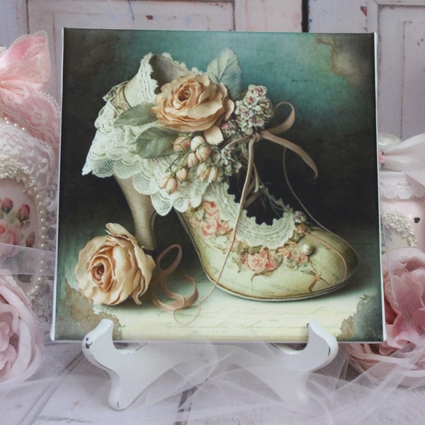 Shabby Chic Vintage French Pink Victorian Shoe Roses Country Cottage Style Wall/Table Decor. Sign Wooden Canvas/Cotton Fabric Print