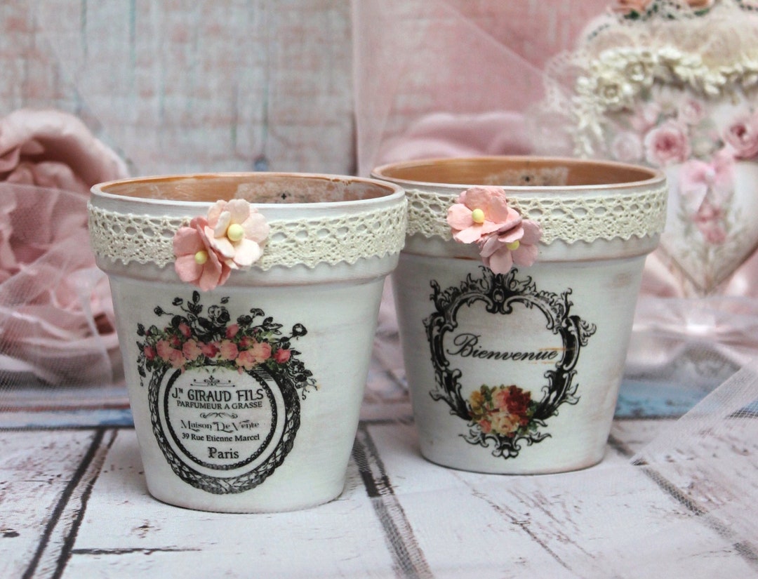 Shabby Chic Ceramic Flower Pots: French Paris Label, Vintage Lace (set ...