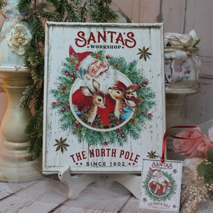 Vintage Retro 50's Christmas Jolly Santa Rein Deer Country Style Wall Decor. Sign "Santa's Workshop" Wooden Canvas Board/Cotton Fabric Print