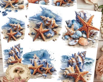 May include: Watercolor illustrations of seashells and starfish on a sandy beach with ocean waves. The artwork features various shells in shades of brown, blue, and white, alongside orange starfish. The overall theme is coastal and nautical.