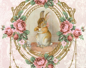 Shabby Chic Vintage Pink Beatrix Potter Peter Rabbit 1 print on 1 Quilting Fabric Block fb 779 Sewing Crafting projects