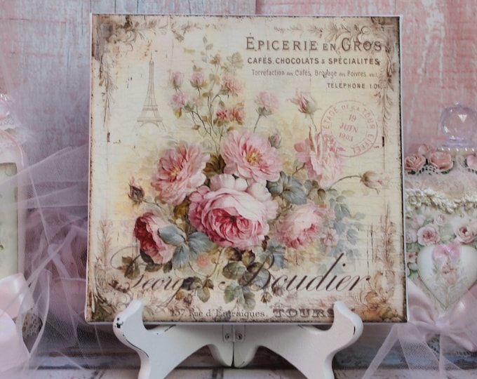Shabby Chic Vintage Cottage Wall Decor Sign "Paris Roses" Artist Wooden Canvas