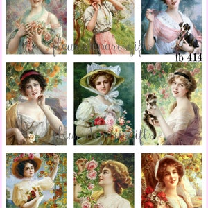 Vintage Victorian Women in a Garden by Emile Vernon 9 - 2 1/4" x 3" Images Printed on 1 - 8 1/2" x 11" Quilting Fabric Block fb 411