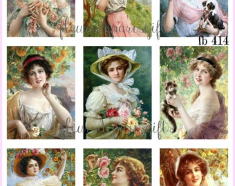 Vintage Victorian Women in a Garden by Emile Vernon 9 - 2 1/4" x 3" Images Printed on 1 - 8 1/2" x 11" Quilting Fabric Block fb 411
