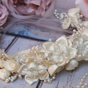 French Antique Bridal Flower Hair Crown - Bride&#39;s Wax Flowers Hair Tiara - French Antique Bridal White Flowers and Beads Hair Crown