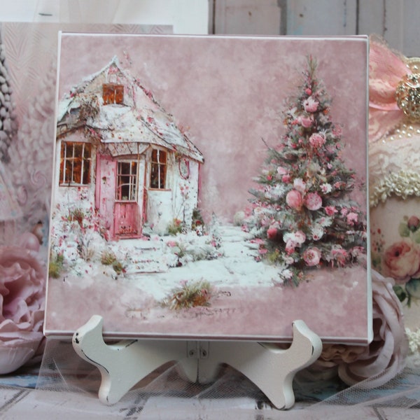 Shabby Chic Vintage Pink Christmas House Cottage Wall Decor Sign Artist Wooden Canvas