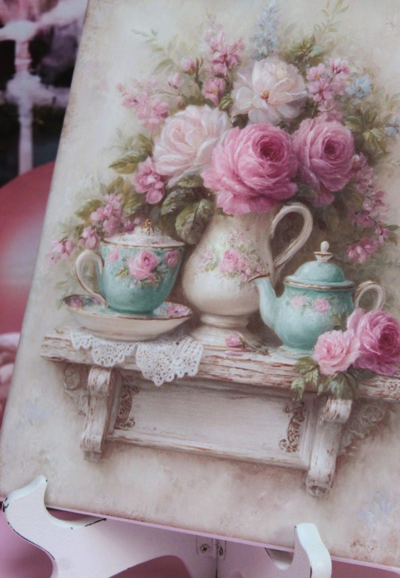 Shabby Chic French Cottage Decor Sign Tea Cups and Roses Artist Wooden ...