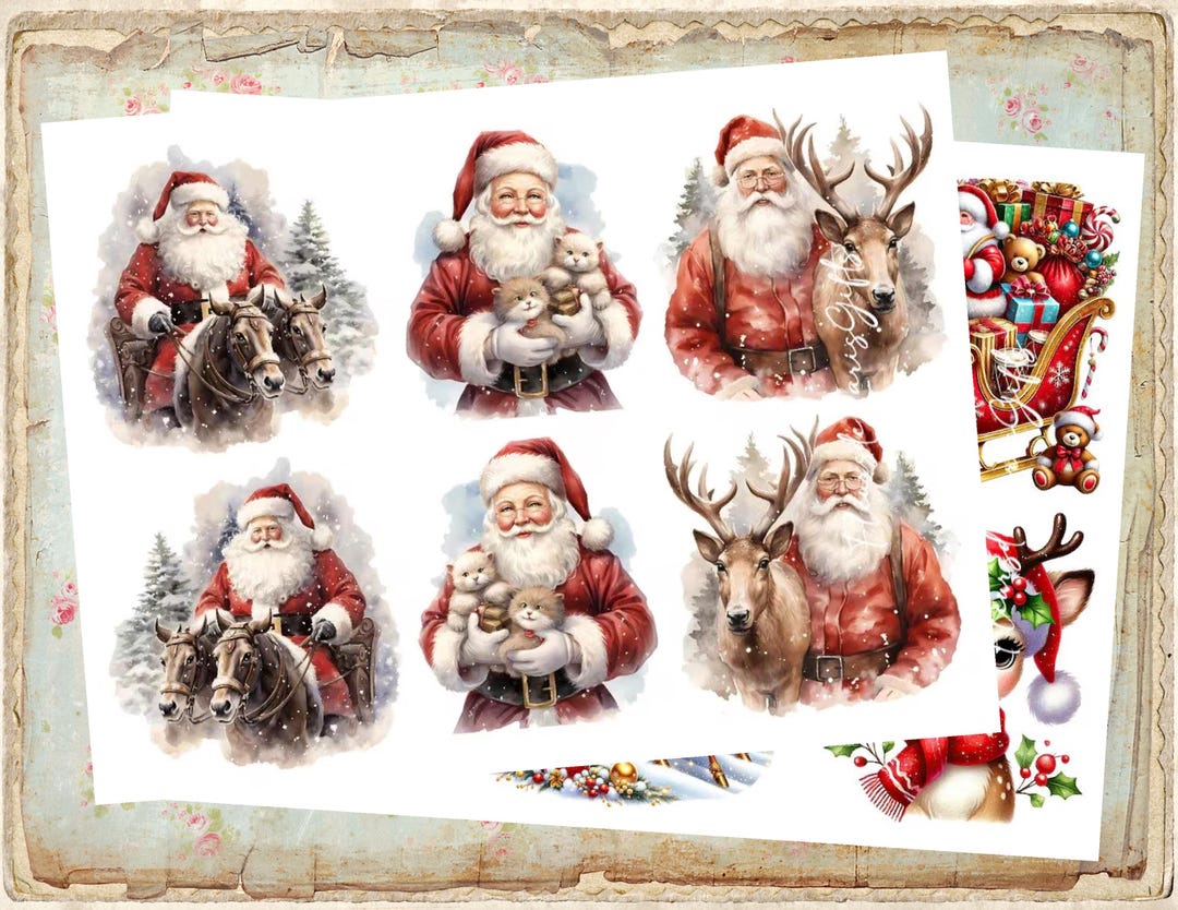 Santa Retro Rounds Vintage Christmas Santa Reindeer Decoupage Rice Paper Rounds A4 Size ...