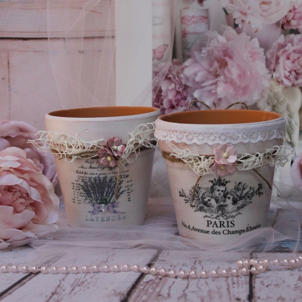 Shabby Chic Vintage Small Ceramic Flower Pots/Pails "LAVANDE/ANGELS" French Farmhouse, Paris Cottage Style French Label 1 Pot or Set of 2