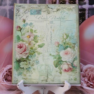 Shabby Chic Vintage French Country Cottage Style Wall Decor. Sign "Carte Postale" Wooden Canvas Board/Cotton Fabric Print