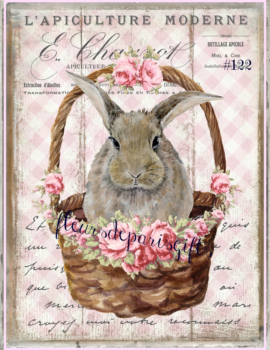 Shabby Chic Vintage Easter Bunny Rabbit Roses 1 Print on 1 Fabric Block