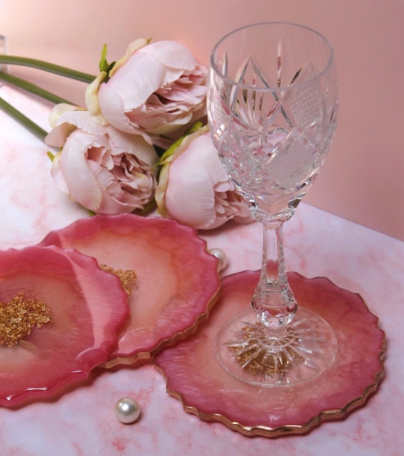 Pink & Gold Leaf Geode Resin Coaster Set – Handmade Epoxy Drink Coaster – Luxury Table Decor Gift Housewarming Gift